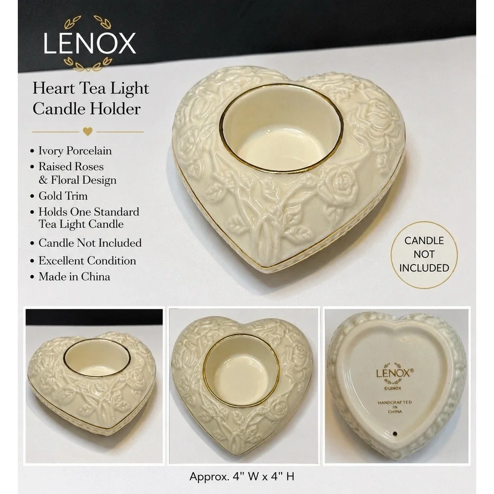Lenox Heart Votive Tea Light Candle Holder Ivory Gold Trim Roses Floral 4